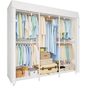 ULIFHOME E14C Heavy Duty Closet Organizer SystemFreestanding Clothing Racks for Hanging ClothesAdjustable Garment Rack 58" W 16" D 77" H Hold 860 lbsWhite Rack with White Cover