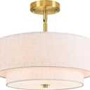 16" Semi Flush Mount Ceiling Light, Gold 3 Light Double Drum Fabric Lampshade Lighting Fixture for Living Room, Bedroom, Dining Room, Kitchen, Hallway (Swivel Canopy for Sloped/Flat Ceiling)