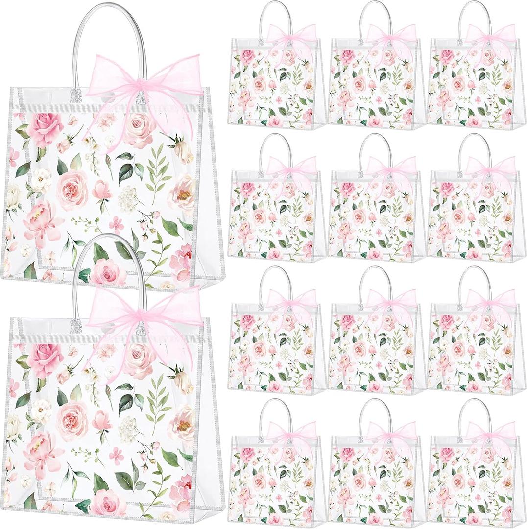 Wesnoy 24 Pcs Clear Floral Gift Bags with Handles Rose Pink Flower PVC Treat Tote Bag for Tea Birthday Party Wedding Bridal Shower Bachelorette Anniversary Engagement Guests, 6.3 x 5.9 x 3.2 Inch
