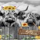 Funny Highland Cow Bath Mat Country Sunflower Floral Plant Cute Cattle Bull Farm Western Farmhouse Animal Microfiber Memory Foam Soft Doormat Kitchen Bathroom Rugs (17.8x29.5Inch(45x75cm), Gray Yellow Green)