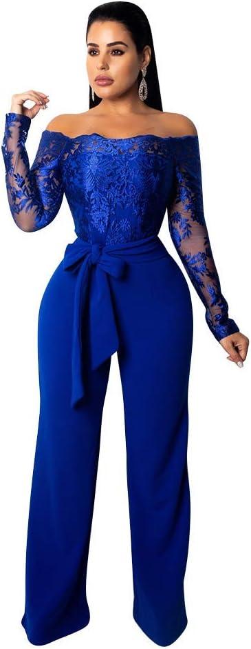 IWEMEK Women Elegant Off Shoulder Floral Lace Slim Long Jumpsuit Pants High Waist Casual Bodycon Wide Leg Romper with Belt (X-Large, Blue)