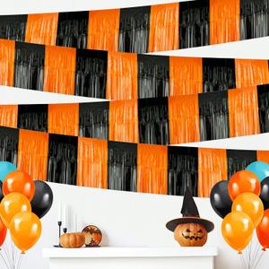 4 Pack Each 10Ft Foil Fringe Garland Halloween Parade Floats for Trailer Car, Black Orange Tinsel Curtain Banner Streamers for Graduation Homecoming Halloween Party Decor (Black+Orange)