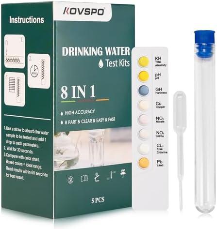 Pack of 2, Water Testing Kits for Drinking Water: 5 Strips 8 in 1 Well and Drinking Water Test Kit, Water Test Strips with Alkalinity, Lead, pH, Hardness, Copper, Nitrate, Nitrite & Chlorine, Best Before: 01/05/2027