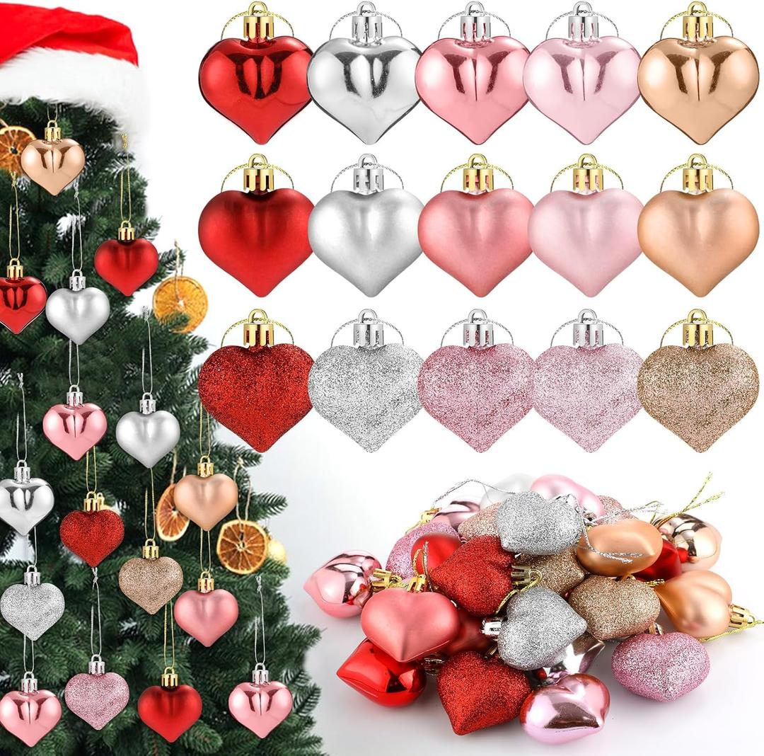 30Pcs Heart Ornaments,Pink and Red Heart Shaped Valentine's Day Tree Decorations for Wedding,Birthday