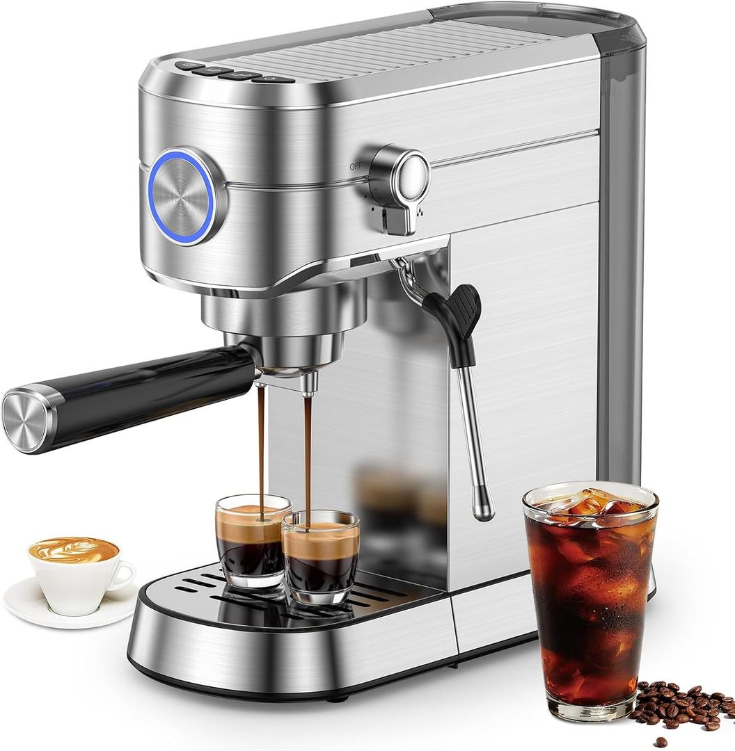 Kndko Espresso Machine, 20 Bar Espresso Coffee Machine with Milk Frother, Compact Stainless Steel Coffee Maker with 34oz Removable Water Tank for Cappuccino, Latte