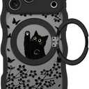 Wavy Case for iPhone 17 Pro Max Case with Stand [Compatible with MagSafe] Cute Black Cat & Floral & Butterflies Pattern Design, Kawaii 360 Magnetic Ring Kickstand Phone Cover for Women Girls