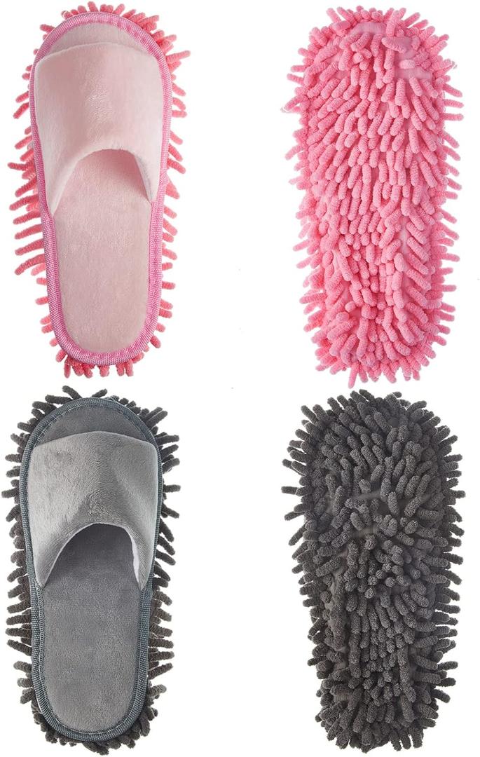 Jecery 2 Pairs Microfiber Cleaning Mop Slippers for Floor Cleaning House Mop Shoes Men and Women Washable Unisex Dusting Slippers Dirt Tool Supplies(Medium,Pink, Gray)