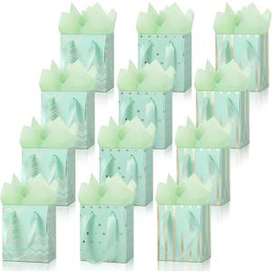 Tenare 12 Pcs Small Gift Bags Mini Metallic Paper Bag Bulk Tiny with Handle Tissue Paper for Gift Wrapping St. Patrick's Day Happy Easter Spring Birthday Party(4 x 2.75 x 4.5 Inch,Green Gold)