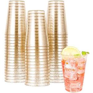 JOLLY CHEF 14 oz 50 Pack Gold Plastic Cups, Disposable Gold Glitter Plastic Cups Tumblers, Ideal for Wedding Halloween, Thanksgiving, Christmas Parties