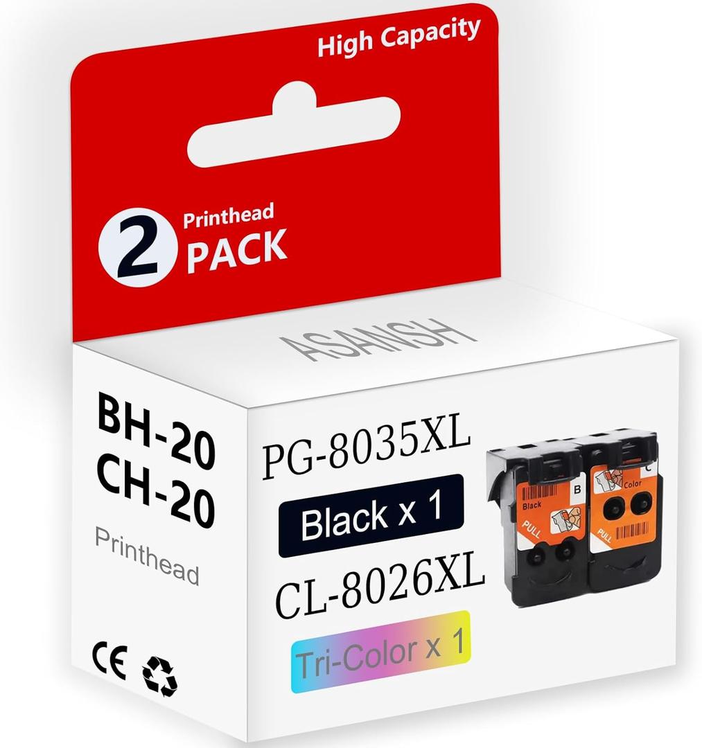 BH-20 CH-20 Printhead for PG-8035XL CL-8026XL Print Head Use for PIXMA G7020 G6020 G5020 G3260 G3262 G2260 G1230 G1220 MegaTank Printers (1 Black 1 Tri-Color)