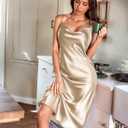 Ekouaer Womens Satin Nightgown Sexy Lingerie Sleepwear Spaghetti Strap Cowl Neck Elegant Long Slip Satin Silk Midi Dress (Gold, XXL)