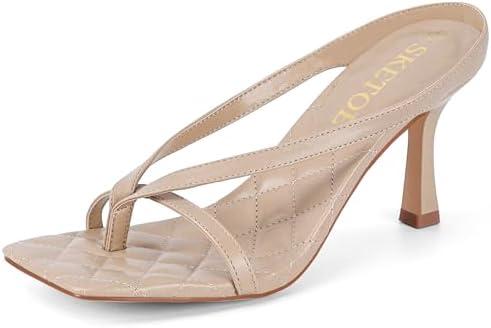 SKETOE Kitten Heels for Women Square Toe Sandals Flip Flop Heels Thong Sandals Comfortable Summer 2 Inch Heels Sandals (Size 9, Taupe)