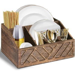 Paper Plate Dispenser, Paper Plate Holder for Kitchen Counter, Wood Rustic Silverware Utensil Caddy, Cutlery Flatware Organizer Box for Cups Spoons Forks Plates Napkins, Kitchen Accessories (Brown)