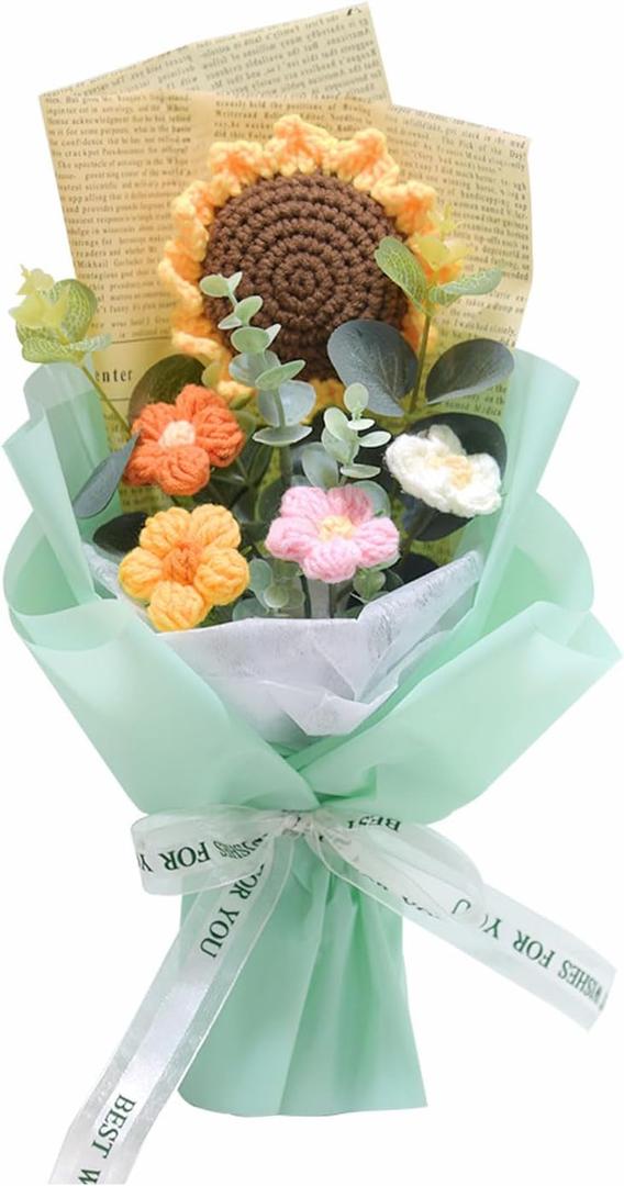 Crochet Flowers Bouquet, Handmade Knitted Bouquet, Crochet Bouquet Kit Knitted Fake Sunflower Daisy, Gift for Mother Wife on Birthday Anniversary (01Light Green)
