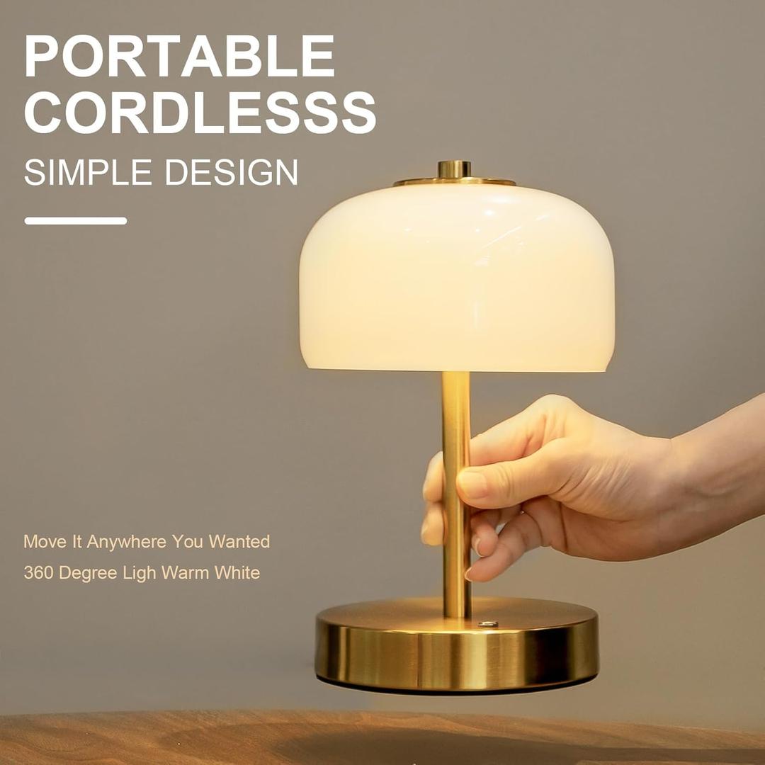 Oneach 9" Cordless Table Lamp,Gold Rechargeable Battery Operated Lamp, 3Way Stepless Dimming Touch Mushroom Lamps, Small Glass Nightlight for Bedroom Dining Table Living Room Shelf Decor