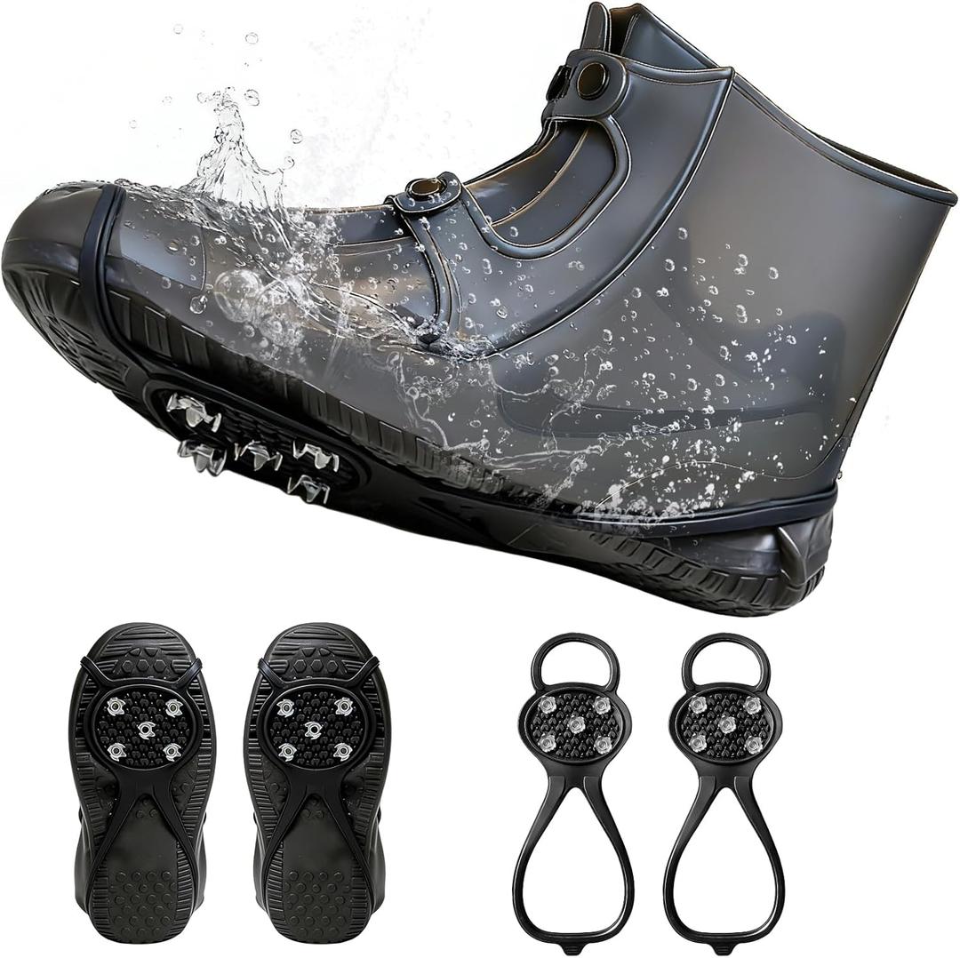 2 Pack Waterproof Shoe Covers with Ice Grips, Reusable Snow Spikes for Shoes & Boots, Anti-Slip Traction Cleats for Rain, Snow & Mud, Universal Fit for Hiking & Winter Safety (BLACK, M)