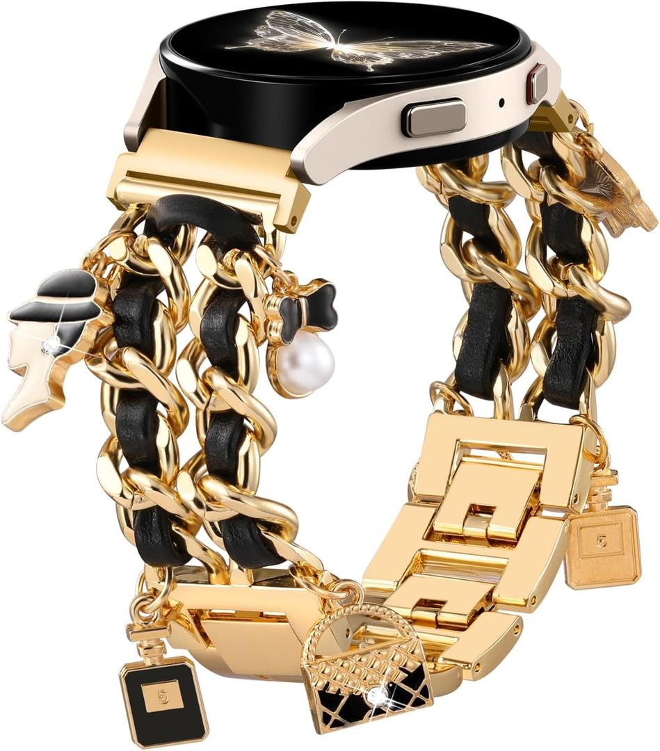 Stylish Metal Band Compatible with Samsung Galaxy Watch 7 Band/FE 6 5 4 40mm 44mm,Galaxy Active 2, 20mm Watch Strap Pretty Chain with Cute Decorative Charms Accessories for Samsung Watch Bands Women