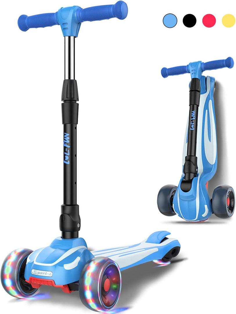 LOL-FUN Toddler Scooter for Kids Ages 3-12 Years Old Boy Girl with 3 Wheel LED Lights, Extra-Wide Childrens Foldable Kick Scooter Kids Ages 3-5 with 4 Adjustable Height and Lean-to-Steer (Royal Blue)