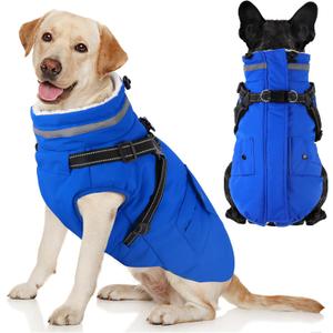 Dogcheer Dog Coat with Harness, Waterproof Warm Dog Winter Jacket with Pockets, Reflective Pet Fleece Jacket Turtleneck Snowsuit for Small Medium Large Dogs - Blue, 3XL (XXX-Large(Chest:42.9" Back:26.8" Neck:26.8"))