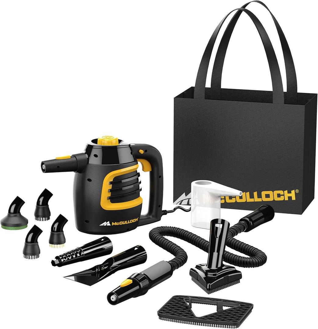 McCulloch MC1230 Handheld Steam Cleaner, 10 Minute Runtime, 11 Accessories: Jet Nozzle, Brushes, & More - Built for Home, Tile, Grout, Carpet, Furniture, & Personal Car Detailing