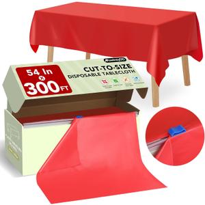 54 in X 300 FT Red Plastic Table Cover Roll with Slide Cutter, Cuts Up to 36 Rectangle 8 Feet Disposable Plastic Table Cloths, Disposable Table Cover Roll for Dinning, Parties, BBQ, Wedding, Outdoor