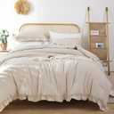 JANZAA Comforter Set Full Size Beige Ruffle Comforter 3PCS Soft Fluffy Comforter Vintage Farmhouse Bed Comforter Set Shabby Chic Bedding with 2 Off White Pillowcases