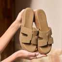 Coutgo Women's Platform Wedge Sandals Open Toe Slip On Slides Cork Heeled Cutout Comfortable Summer Shoes, Coffee, Size 6