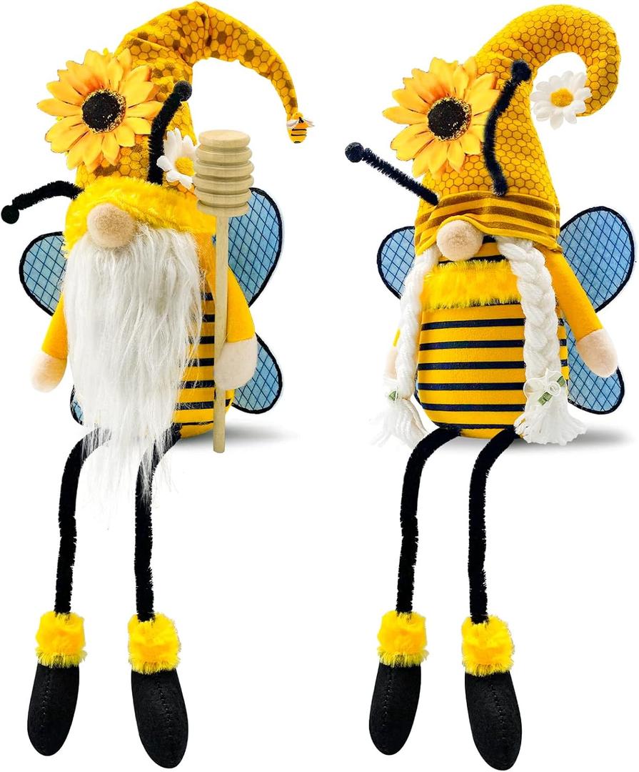 Lovinland Spring Decorations for Home, Office, Indoor - Yellow Honey Bumble Bee Sunflower Plush Gnomes Doll - Summer Gnome Gifts for Women - Bee Stuffed Sitters for Shelf Decor