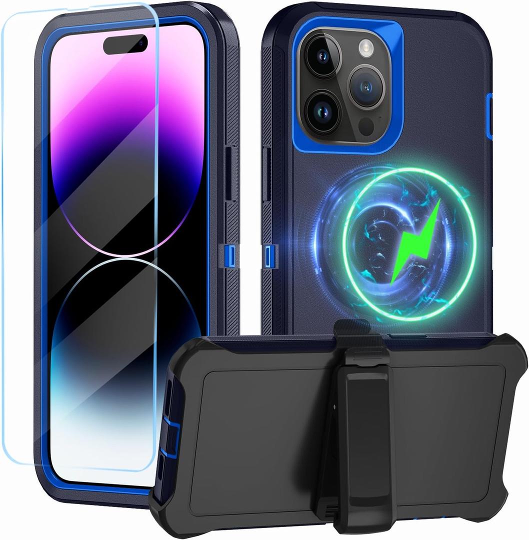Magnetic for iPhone 14 Pro Case,with Belt Clip,[Compatible with Magsafe] W/Tempered Glass Screen Protector,Anti-Drop,Shockproof,Heavy Duty Protection (Dark Blue)