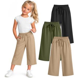 3 Pack Girls' Capri Pants 5-14 Years | Drawstring Capris, Cropped Pants, Kids Sweatpants, Workout, Summer, Loose, Back to School, with Pockets