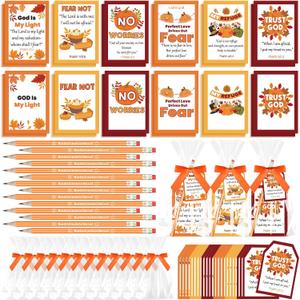 24 Sets Fall Notepads and Pencil Set Thanksgiving Autumn Stationery Gift Bulk Include Christian Bible Notebook Fall Pencils Inspirational Gift Tag Bowtie Treat Bag for Office School Supplies