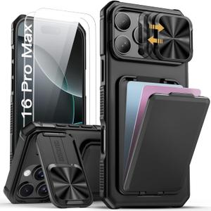 SSLOTSCASE for iPhone 16 Pro Max Case with 2X Screen Protector, Card Holder & Kickstand & Slide Camera Lens Cover, Silicone Edge Rugged Heavy Duty Phone Case Cover for iPhone 16 Pro Max 6.9'', Black