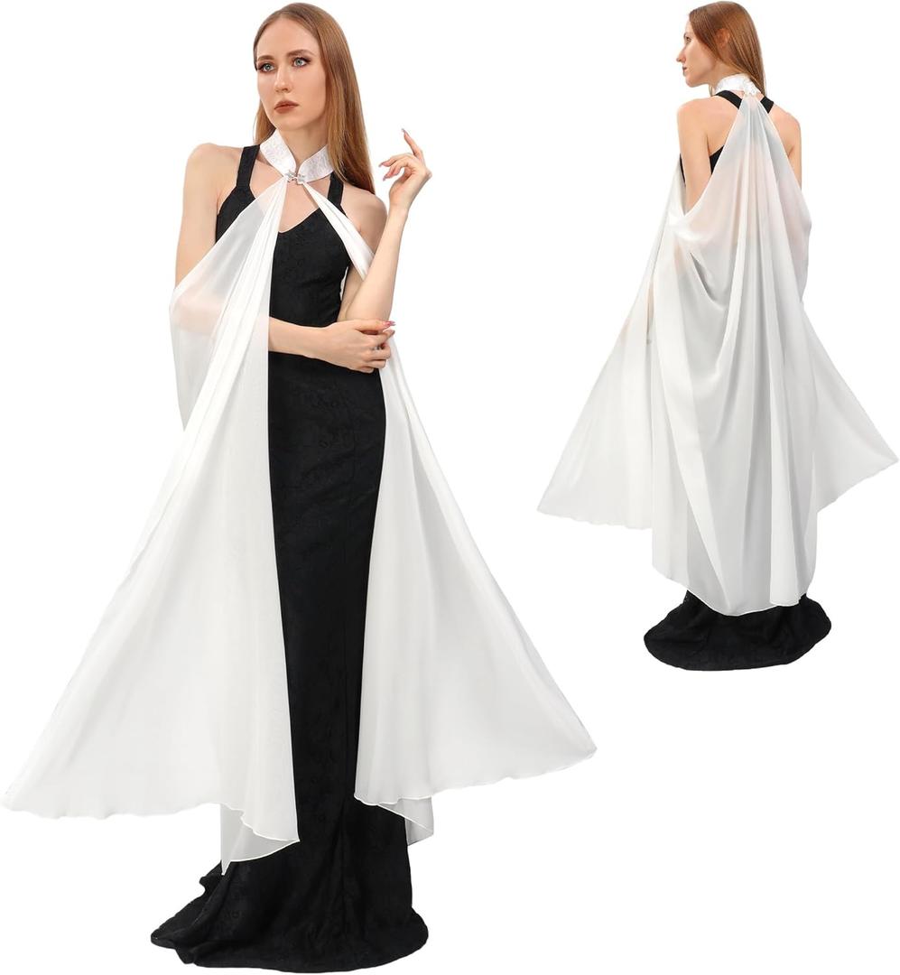 DAZCOS Chiffon Shawls Cape for Women Tulle Cloak for Evening Glamour Dresses Wedding Collared Halter Capelet for Christmas (White-1)