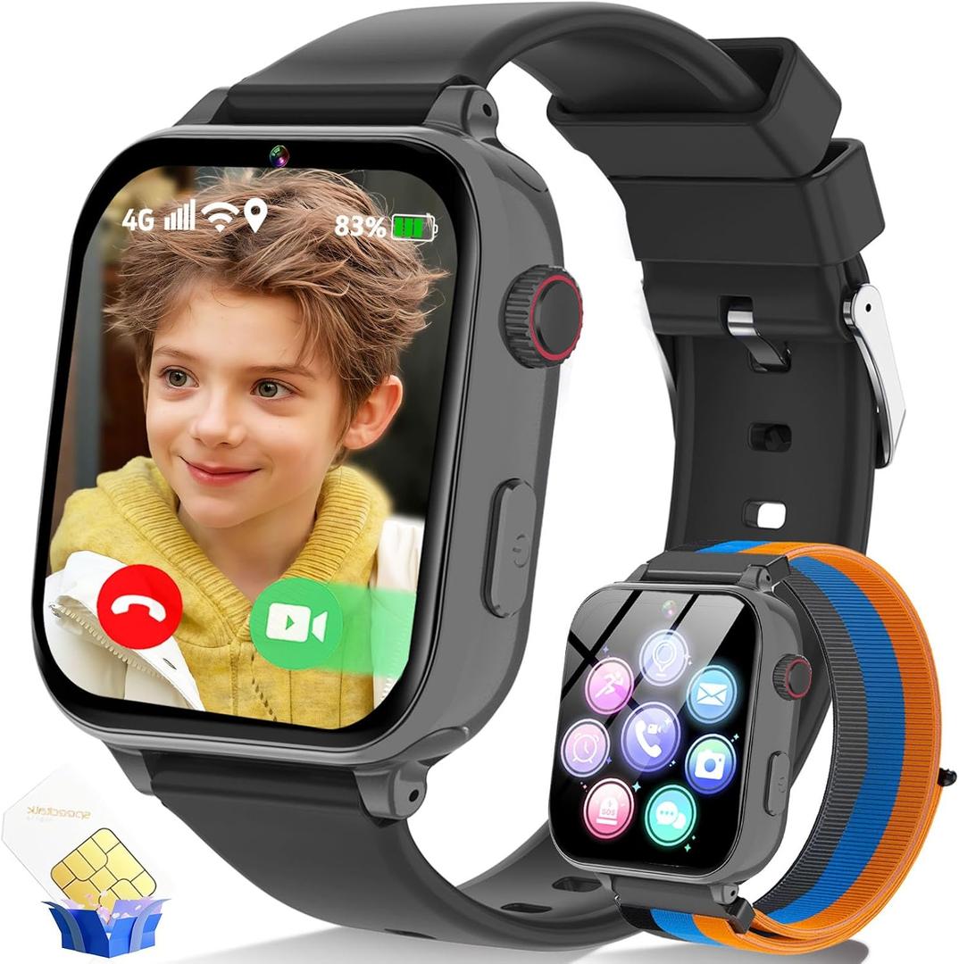 4G Kids Smart Watch Phone GPS, Smartwatch for Boys Girls Ages 4-12 Years with Video Call Chat Class Mode SOS Camera Alarm Games Parental App Touch Watch Gifts for Children (Includes SIM Card) Grey