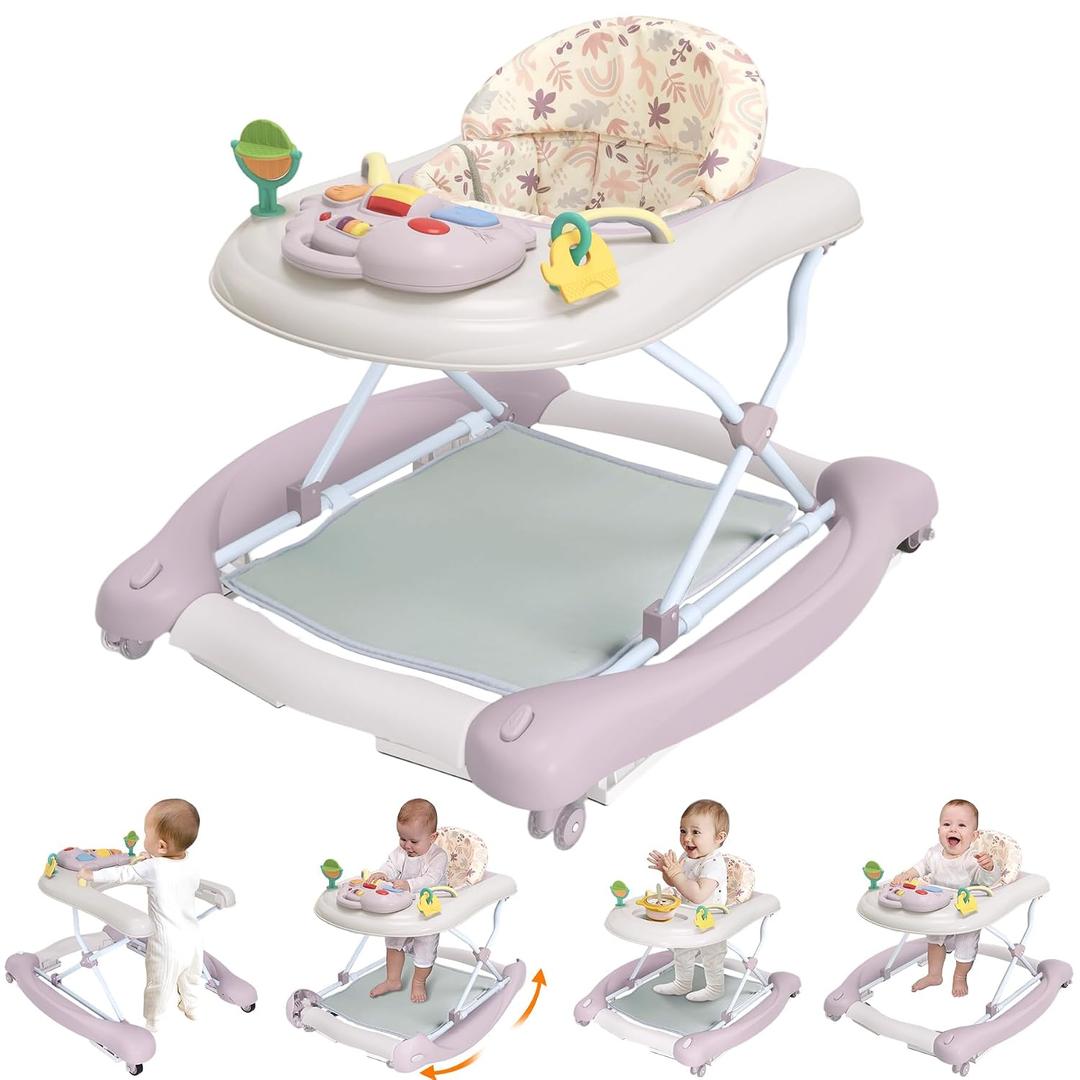 Foldable Baby 5-in-1 Activity Walker - Rocker, Activity Center, Bouncer, Seat Walker, Push Walker - Adjustable Speed Rear Wheels and Height Toys Ages 6-18 Months (Purple)