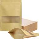 FireKylin 100 Pcs Resealable Bags,4.7" x 7.9" Stand Up Kraft Paper Bags with Matte Window, Zip Lock Food Storage Bags for Packaging Products, Reusable, Sealable (Brown)