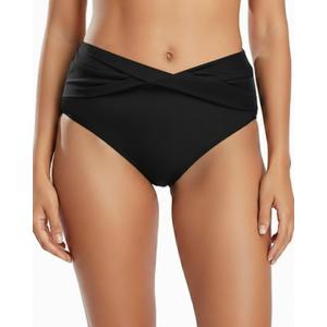 Women Full Coverage Bikini Bottom - V Cut Bathing Suit Bottoms Mid Waist Twist Front Swimsuit Bottom Swimwear 2025 (Medium, Black)