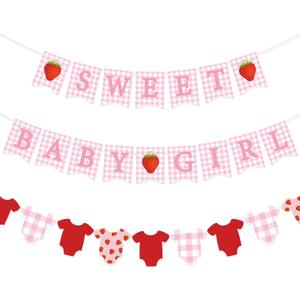 Maitys 3 Pcs Strawberry Baby Shower Decorations Girl Banners Pink Gingham Paper Garland with Baby Clothes Shaped Bunting for Girl Strawberry Birthday Party Supplies