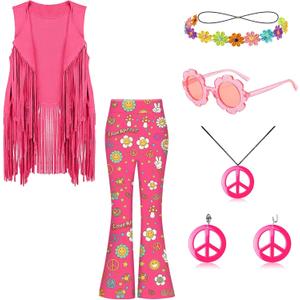 60s 70s Outfits for Kids Girls 7 Pcs Hippie Costume Set Fringe Vest Peace Flared Pants Accessories Set for Halloween (4-6 Years, Pink)