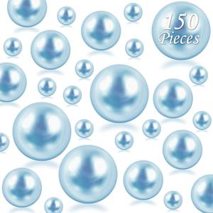 150Pcs Light Blue Polished No Hole Faux Pearl Beads for Vase Filling Decorations, Plastic Pearls Vase Fillers, Table Scatters, Wedding Centerpiece, Home Decor