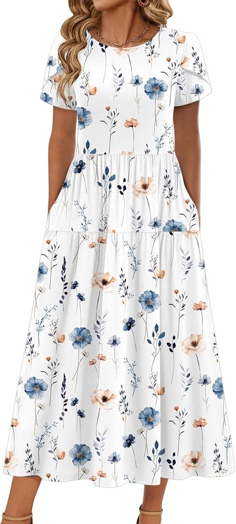 Zeagoo Summer Dresses for Women 2026 Maxi Bohemian Floral Short Sleeve Long Dress Casual Flowy Tired Beach Sundress (XX-Large)