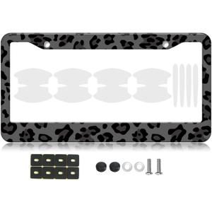 Black Leopard Pattern Metal License Plate Frames with Car Door Handle Films - 1PC Cheetah Print Universal Plate Holders for Men & Women