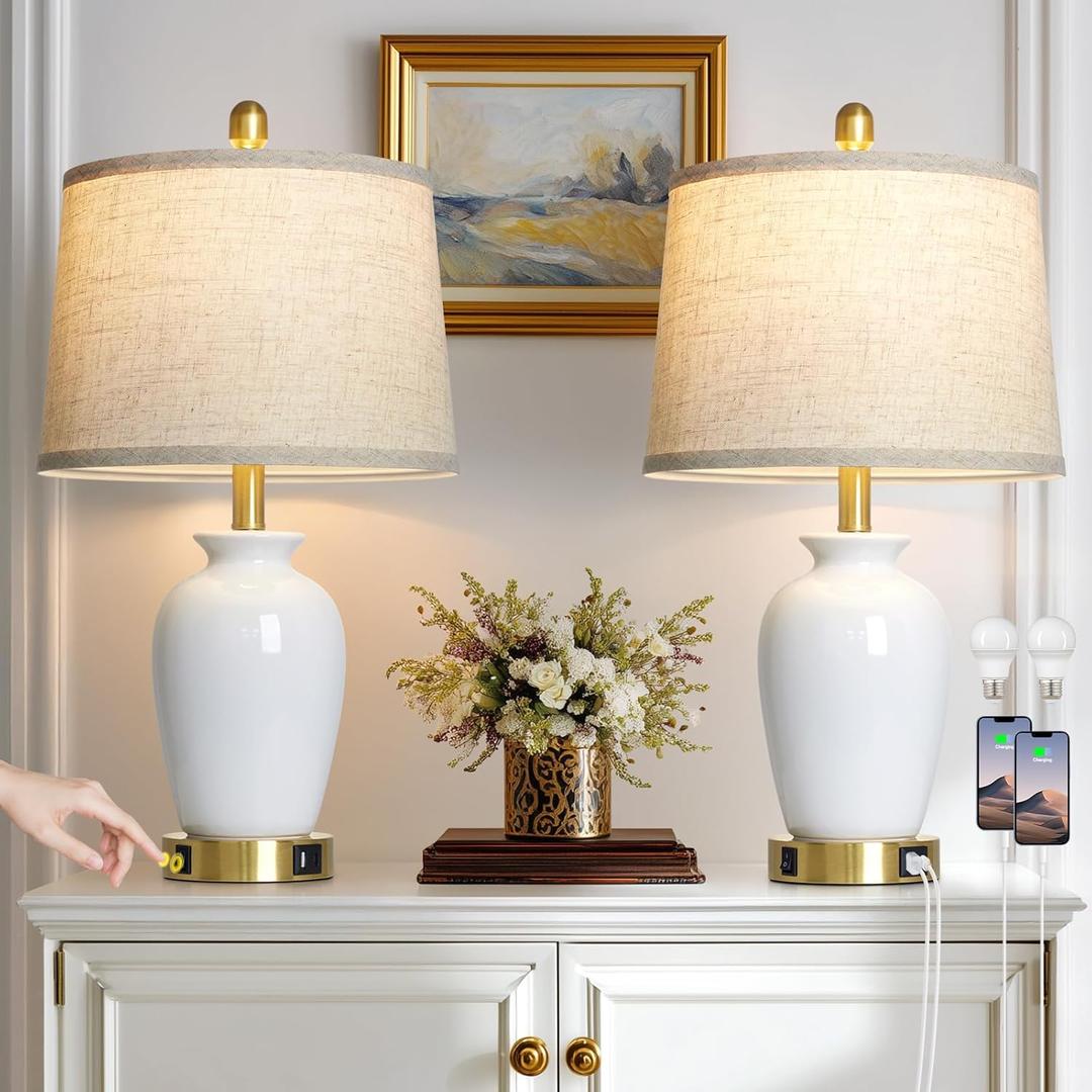 Cinkeda 23" Set of 2 White Ceramic Small Table Lamp for Living Room Bedroom,Modern Bedside Lamps Nightstand Lamp for End Table Entryway