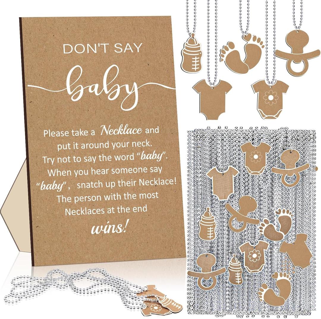 51 Pcs Don't Say Baby Shower Game Supplies Include Kraft Paper Wooden Baby Shower Sign and 50 Wood Pacifier Necklaces for Girl Boy Gender Reveal Party Decor
