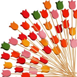 WILLBOND 200 Pcs Tulip Cocktail Picks Long Toothpicks for Appetizers Summer Cocktail Skewers Disposable Fancy Bamboo Food Sticks for Summer Spring Holiday Birthday Party Decoration