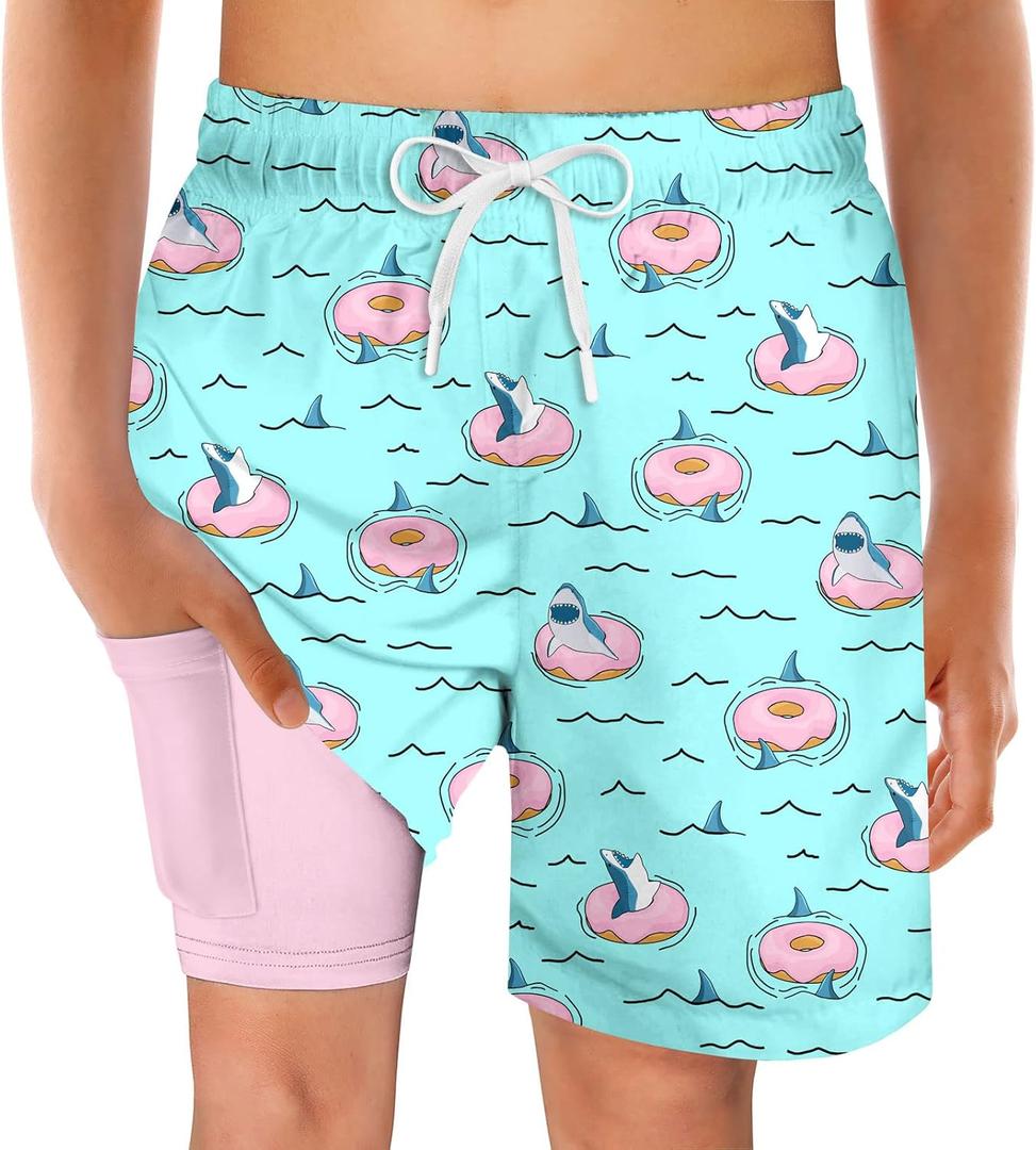 swimsobo Boys Swim Trunks for 5-16 Years Compression Liner Swimsuit Shorts Swimwear Boxer Bathing Suit (Shark, 7 Years)