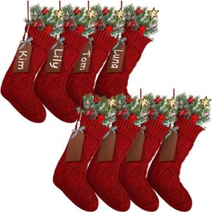 Aoriher 8 Sets Large Christmas Stockings with DIY Name Tags, 18 Inch Knitted Stockings Xmas Stocking Decorations with Christmas Stocking Tags for Xmas Family Decor(Red)