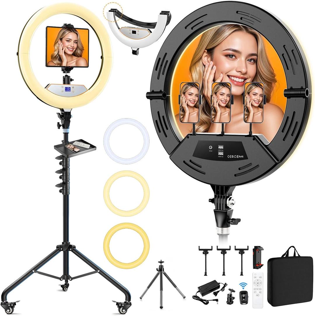 22" Large Ring Light with Stand, Upgraded Foldable LED Big Ringlight with 75" Tripod & Mini Tripod Wheel Tray for Live Tattoo Makeup Video Recording Barber Photography