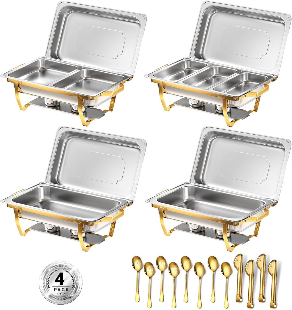 Chafing Dishes for Buffet, 8 Qt High Grade Chafing Dish Buffet Set, Rolled-Edge Design Food Warmers for Parties, Buffet, Wedding, Birthday, Camping 4 Pack 7 Pans [Half Gold]
