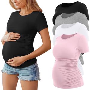 Huukeay 4 Pack Women's Maternity Shirts, Crew Neck Maternity Top Short Sleeve Casual Cotton Tee Side Ruched Pregnancy Clothes (Medium, Black, Pink, White, Light Gray)